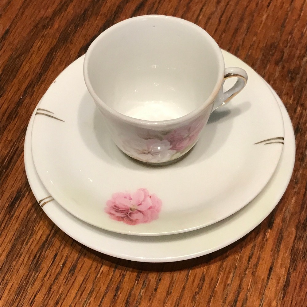 Vintage Porcelain Doll Tea Set: Hand-Painted Floral Cup, Saucer, Plate